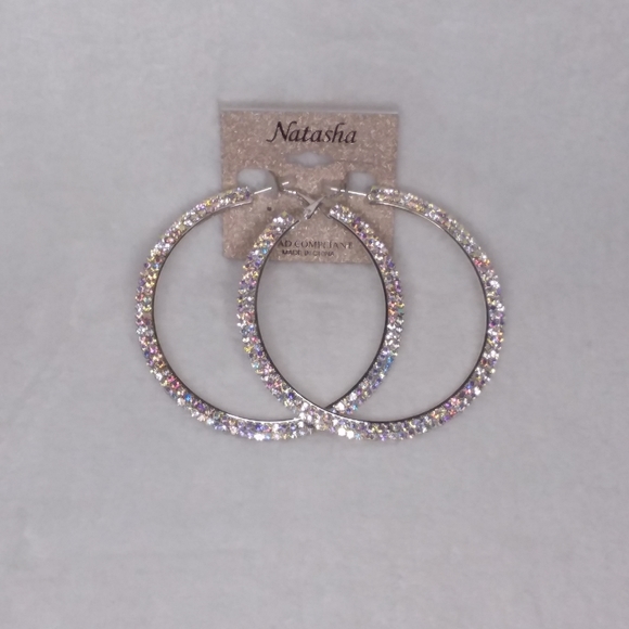 Hoop Pierce Earrings Silver Tone Clear Borealis Rhinestones Natasha - Picture 1 of 7